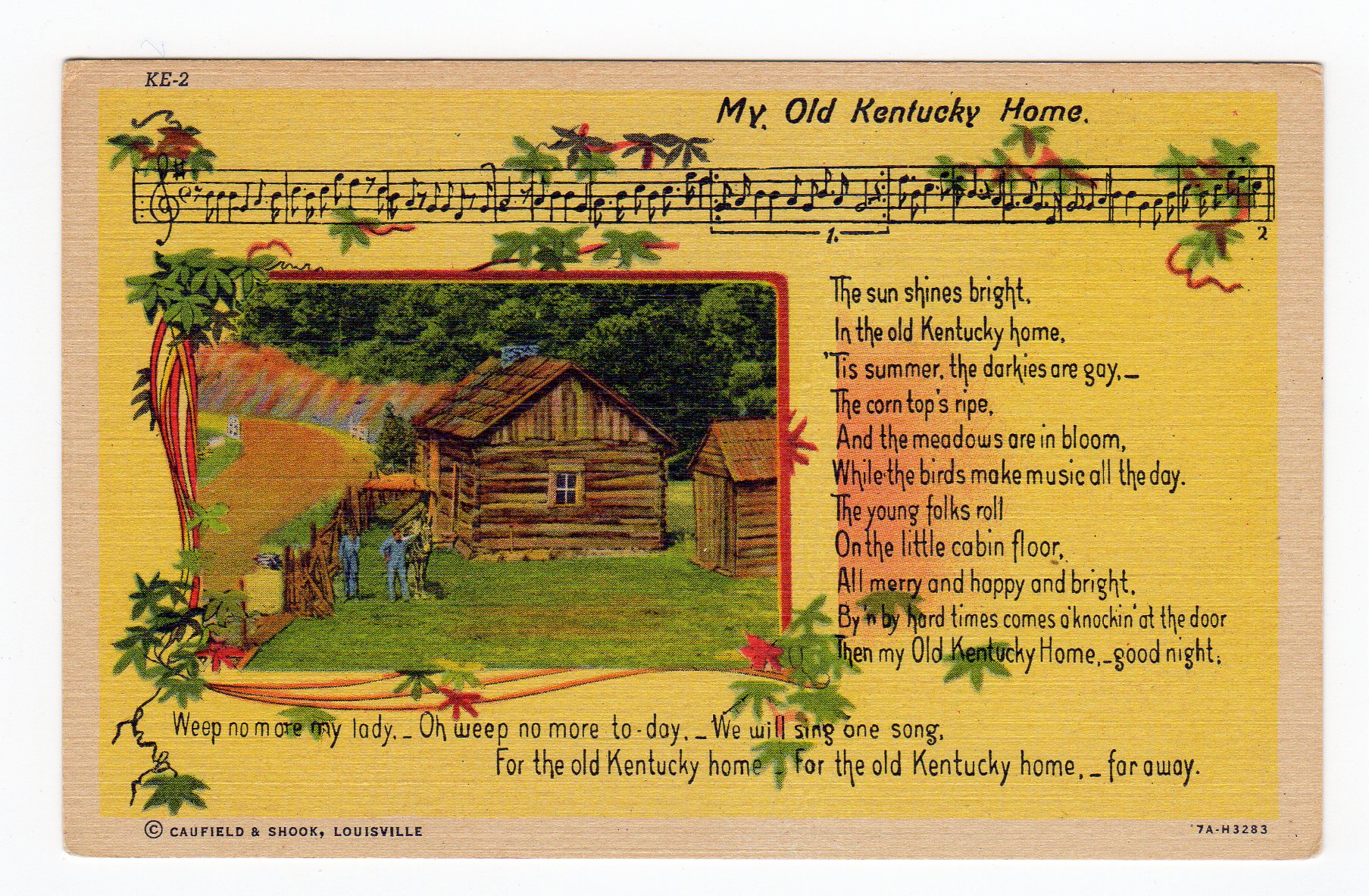 Linen Postcard My Old Kentucky Home Song Poem Music Jackies Vintage Postcards 