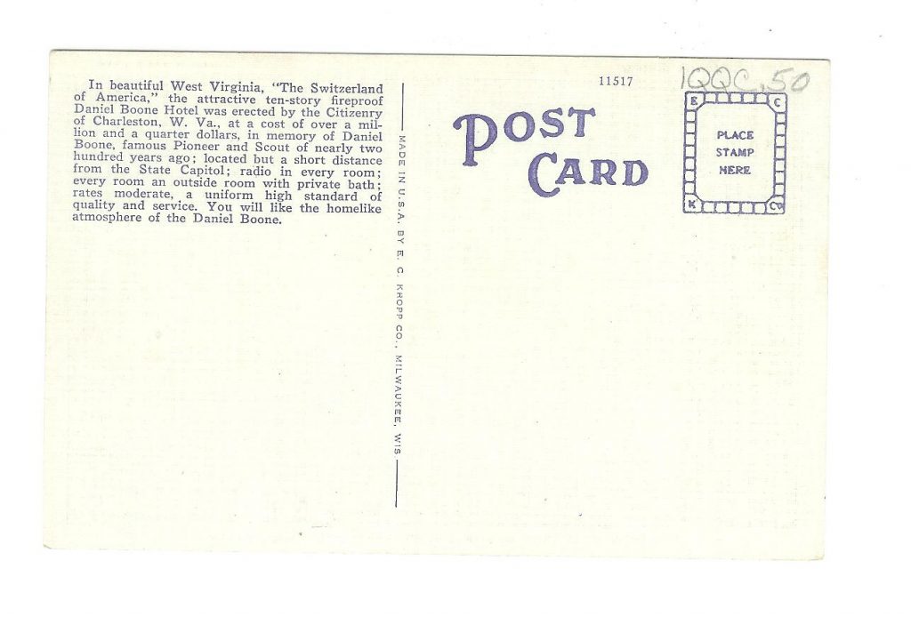 Linen postcard. Daniel Boone Marker and Cave courtesy of The Daniel