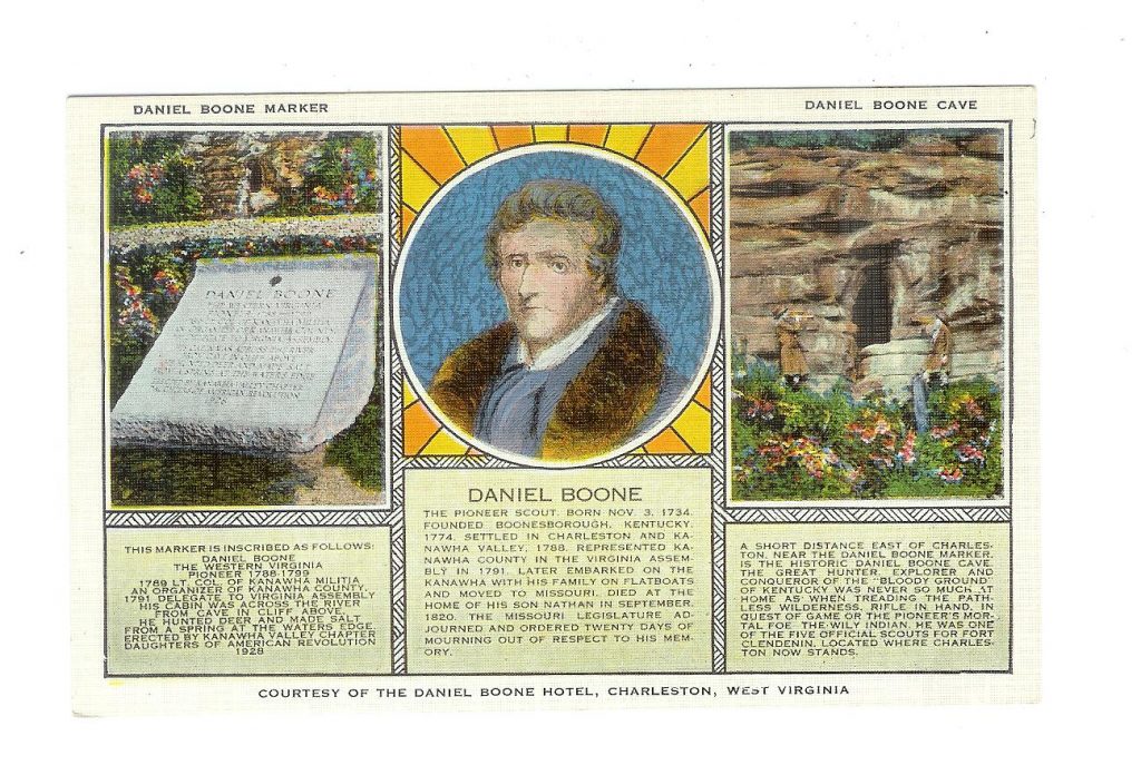 Linen postcard. Daniel Boone Marker and Cave courtesy of The Daniel