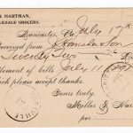 Old postcard.  Receipt from Miller & Hartman wholesale Grocers, Lancaster, PA to J Homsher & Son, Bartsville, PA.  Jul 17, 1895.  $22.76