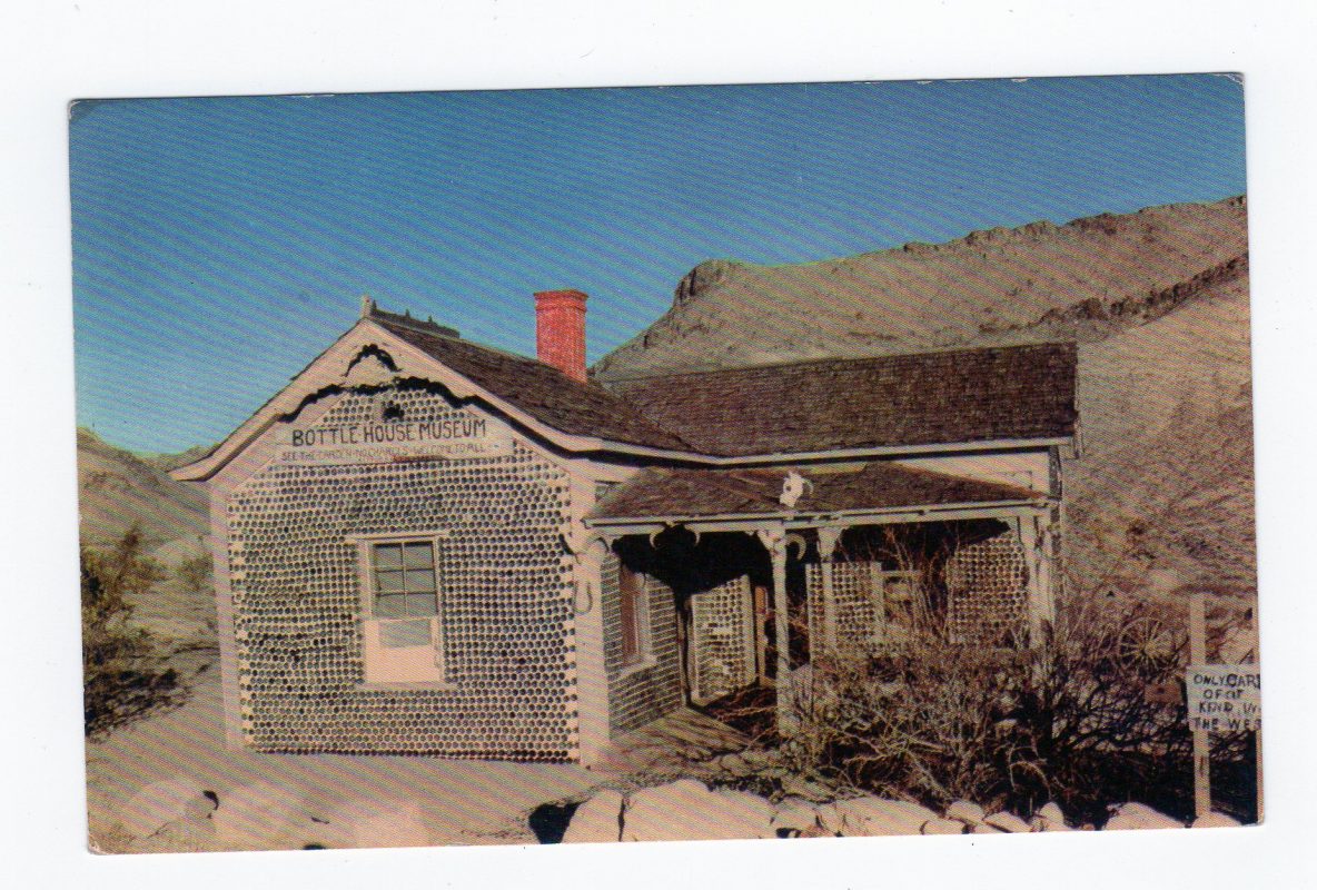 Chrome postcard. Bottle House Museum, Rhyolite, Nevada. Beer Bottles