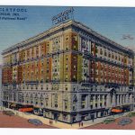 Linen postcard.  Hotel Claypool, Indianapolis, Indiana.  Airplane, cars.