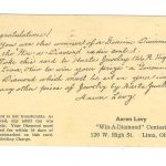 Old postcard.  Aaron Levy "Win a Diamond Contest", 126 W High St, Lima, Ohio.  Harts Jewelry.  1951.