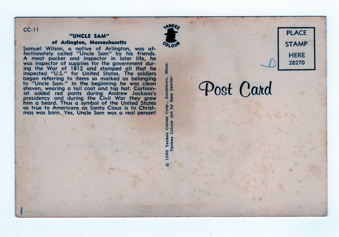 Postcard. Uncle Sam. Samuel Wilson of Arlington, Massachusetts. 1966