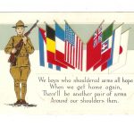 Old postcard.  We boys who shouldered arms all hope, When we get home again, There'll be another pair of arms, Around our shoulders then.  World War I, soldier, flags, embossed.