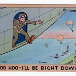 Linen postcard. Yoo Hoo - I'll be right down.  Man, plane, parachute.