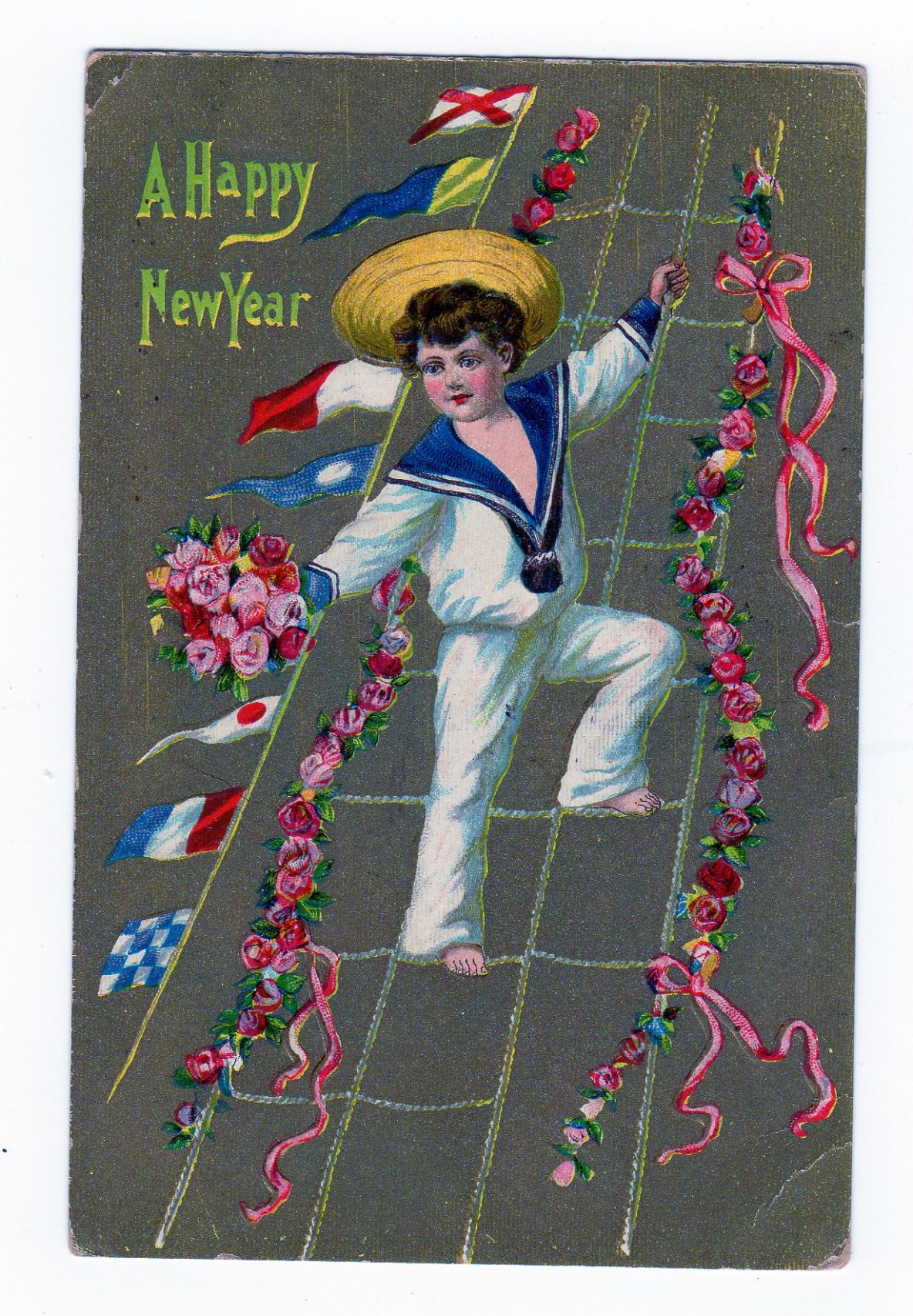 Old Postcard A Happy New Year Embossed Sailor Boy Flags Flowers