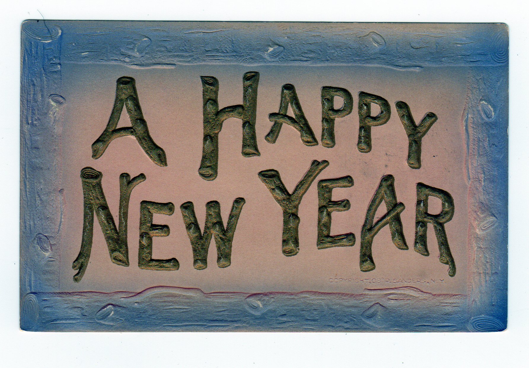Old postcard  A Happy  New  Year  Embossed Log look border 