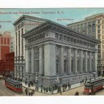 Old postcard.  Corner Granville and Hastings Streets, Vancouver, British Columbia, Canada.  1923.  Street cars.  Bank of Ottawa, Canada Life, Bank of Commerce and Rogers Buildings.