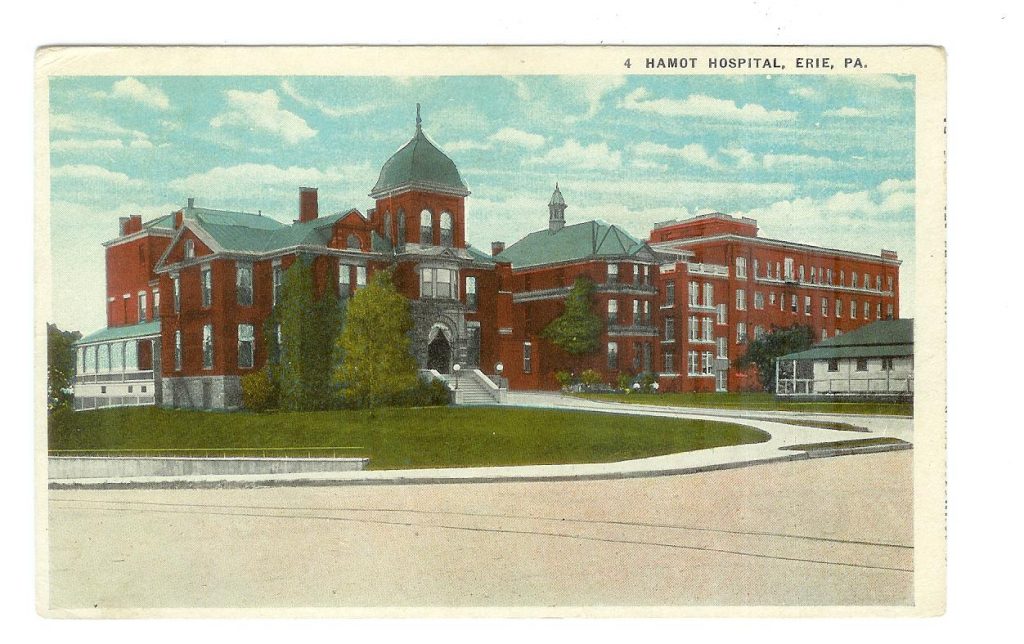 White border postcard. Hamot Hospital, Erie, Pennsylvania. 1922. Jackie's Vintage Postcards