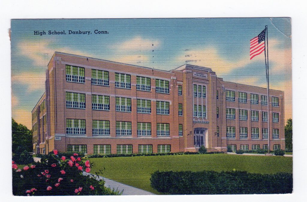 Linen postcard, High School, Danbury, Connecticut. 1944. Jackie's