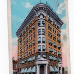 White border postcard, Empire Building, Clarksburg, West Virginia. 1924.  Old car, Horse and buggy.