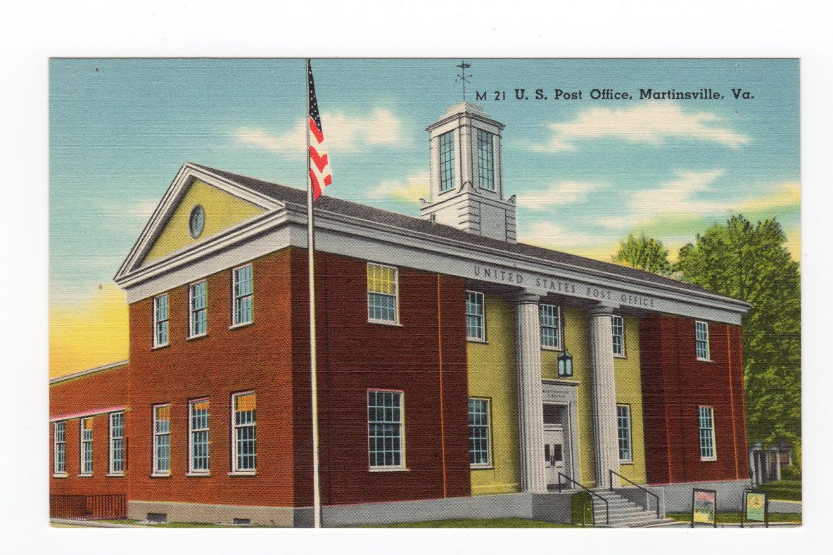 Linen postcard. US Post Office, Martinsville, Virginia. Jackie's