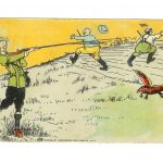 Old postcard.  Man with rifle shooting at fellow hunters.  Birds.  1909.