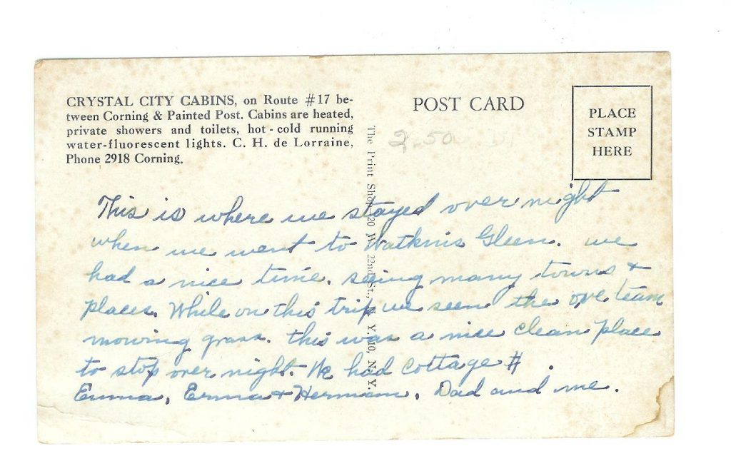 Old postcard. Crystal City Cabins, Rt 17 between Corning & Painted Post, New York. C H De