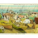White border postcard.  Selling produce on the beach, Panama, Republic of Panama.  Boats, men.