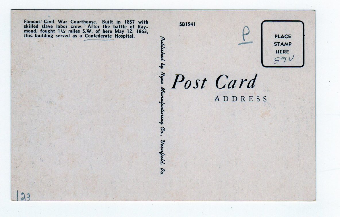 Postcard. Courthouse, Raymond, Mississippi. Court House. Jackie's