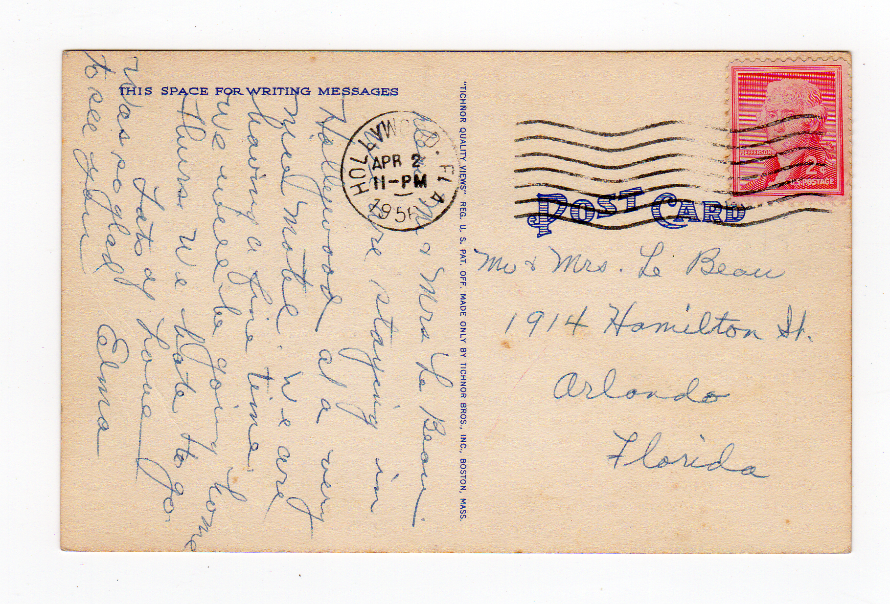 Vintage Hollywood Beach Florida postcard large letter greetings souvenir 1940s linen Floridiana kitsch unused
