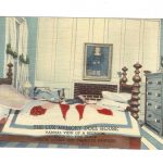 Linen postcard.  The Lux Memory Doll House.  Partial view of a bedroom showing fireplace and a lovely old primitive painting.  Mr & Mrs Arthur Lux, White Bear Lake, St Paul, Minnesota.