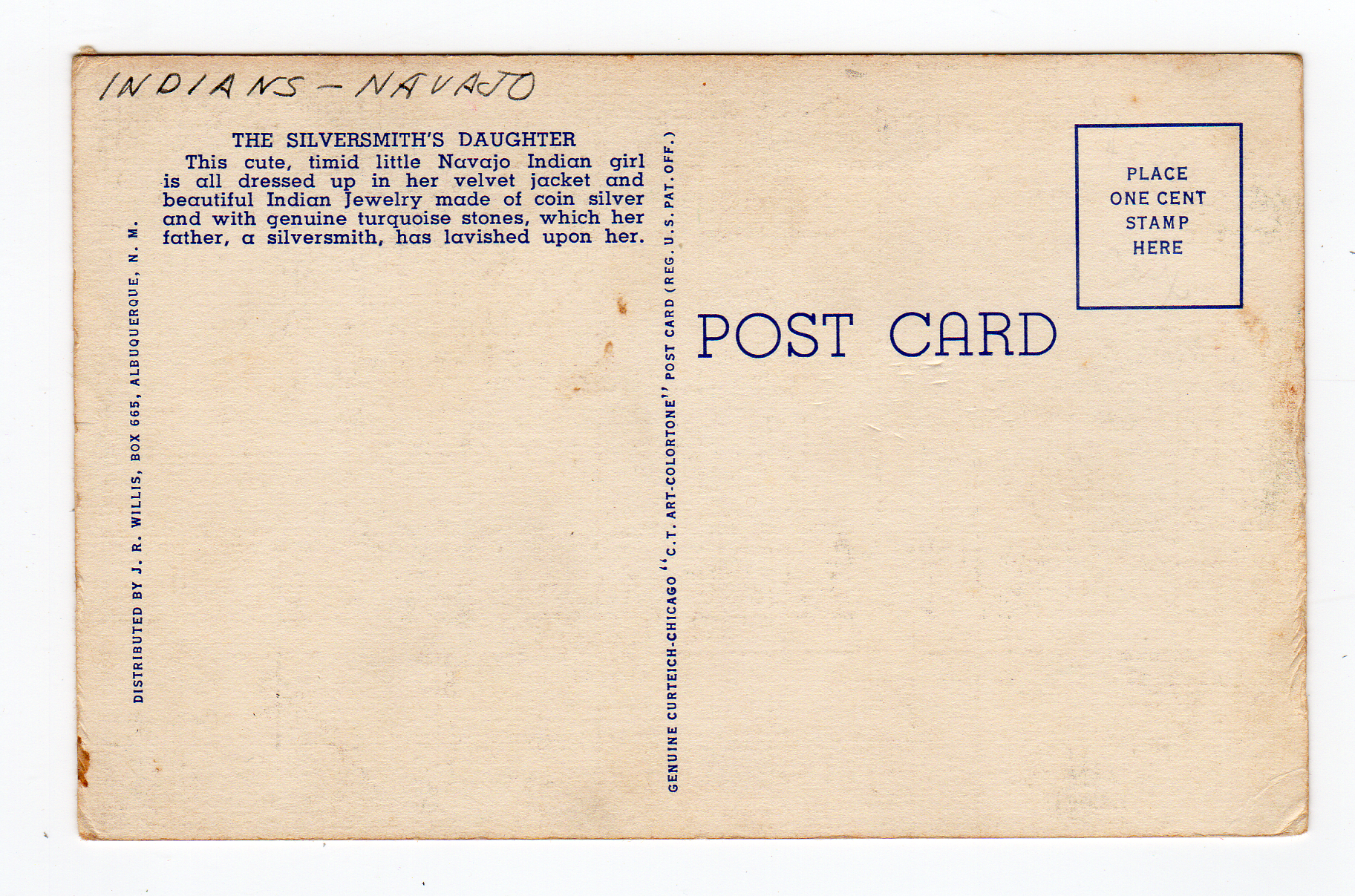 Linen postcard. The Silversmith's Daughter. Navajo Indian girl.