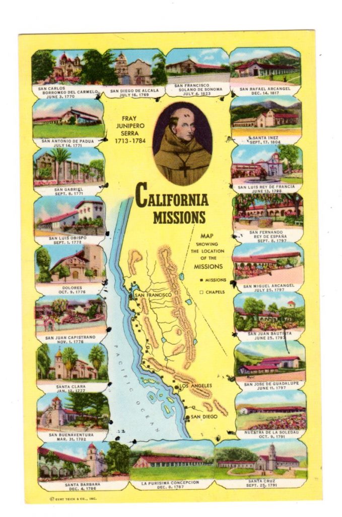 Chrome postcard. California Missions Map. Fray Junipero Serra. Jackie's Vintage Postcards