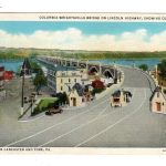 Linen postcard.  Columbia-Wrightsville Arch Bridge on Lincoln Highway, showing Columbia between Lancaster and York, Pennsylvania.  1936.  Across Susquehanna River.
