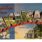 Linen postcard.  Greetings from Michigan. Large letter.  State Capital in Lansing, State Flower Apple Blossom.  1958.