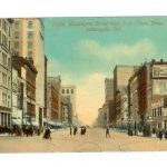 Old postcard. Washington Street West from Illinois Street, Indianapolis, Indiana.  People, signs.  1914.