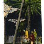 Linen postcard.  Greetings from the Sunshine City, St Petersburg, Florida.  Nativity Scene at night with angels.