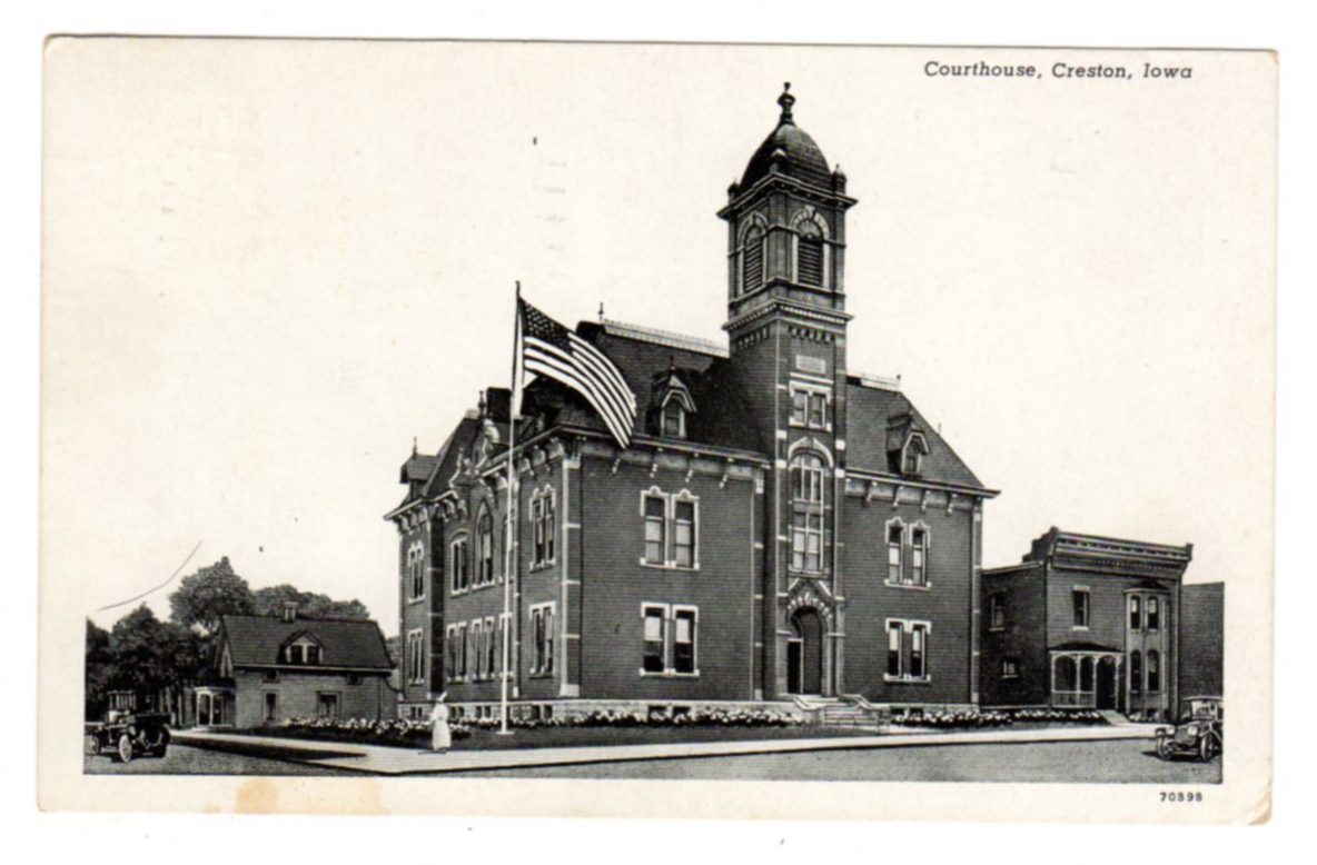 Real photo postcard. Courthouse, Creston, Iowa. 1945. Jackie's