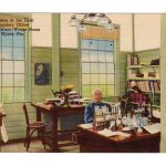 Linen postcard.  Edison at his desk in Laboratory Office, Thomas A Edison Winter Home, Fort Myers, Florida.