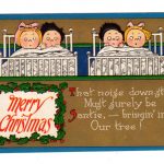 Old postcard.  Merry Christmas.  Children in bed waiting for "Santie".  Poem.  Embossed.