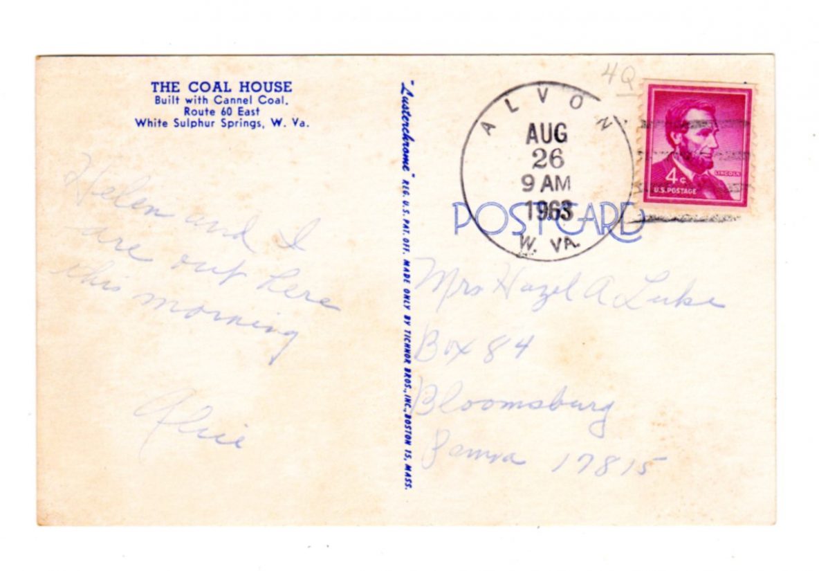 Chrome postcard. The Coal House, White Sulphur Springs, West Virginia