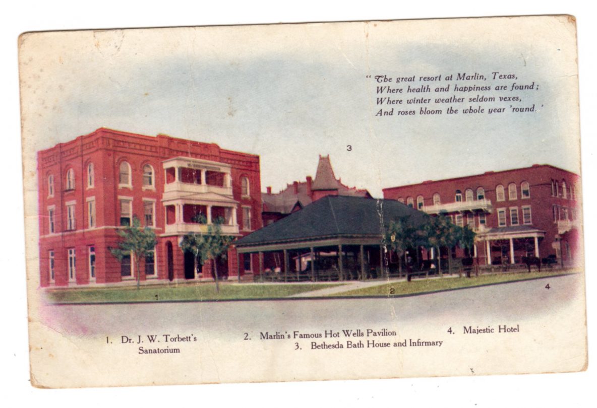 Old postcard. Dr J W Torbett’s Sanatorium, Marlin’s Famous Hot Wells