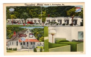 Linen postcard.  Traveler's Motel, Route 1, Covington, Virginia.  Best in the Alleghenys.  Owned & Operated by John H Mann.  1951.