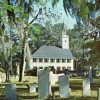 Chrome postcard.  Midway Congregational Meeting House, cemetery, Savannah, Georgia. Church.