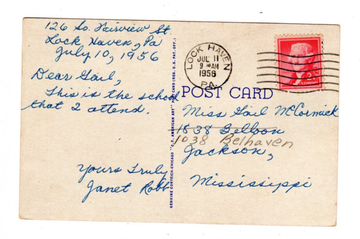 Linen postcard. Junior Senior High School and Auditorium, Lock Haven