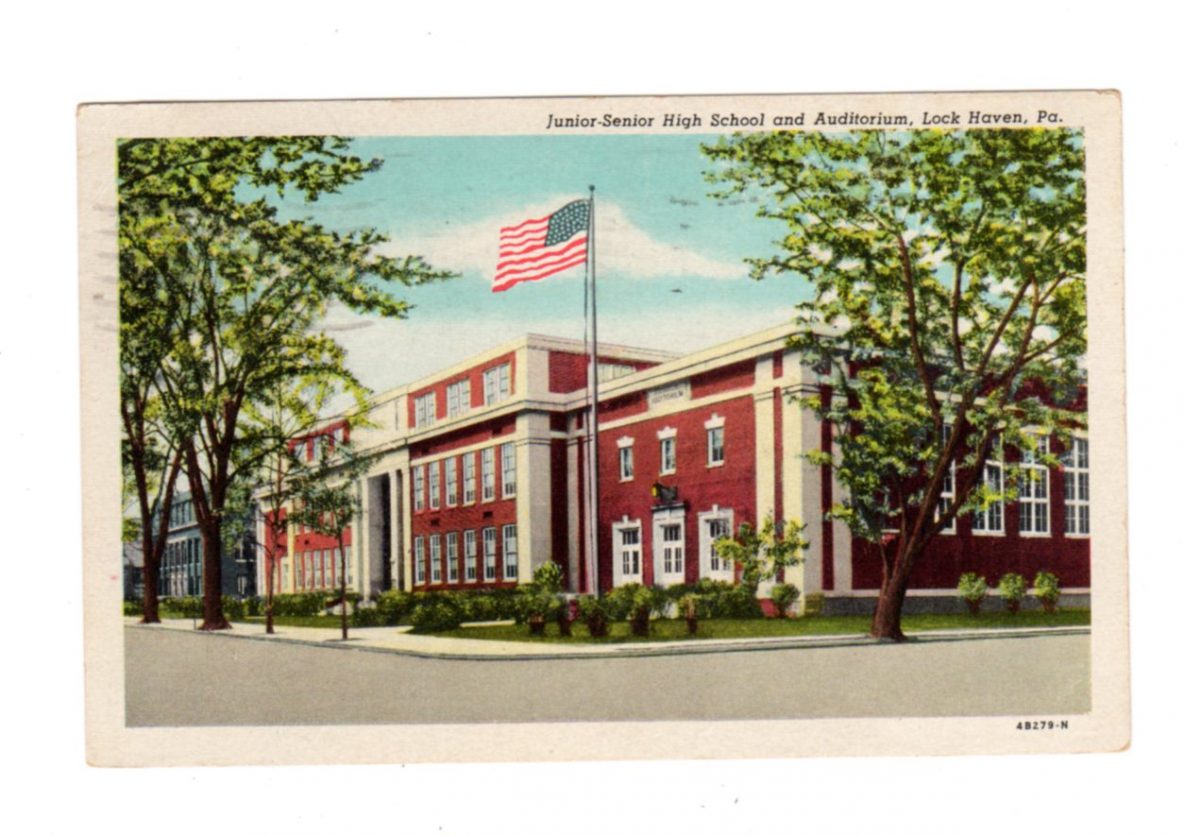 Linen postcard. Junior Senior High School and Auditorium, Lock Haven