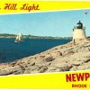 Chrome postcard.  Castle Hill Light, Newport, Rhode Island.  Lighthouse, sailboat, map.