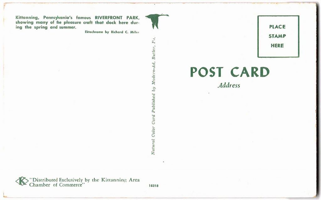 Chrome postcard. River Front Park and bridge, Kittanning, Pennsylvania