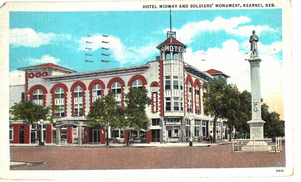 Linen postcard. Hotel Midway and Soldiers’ Monument, Kearney, Nebraska