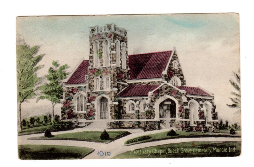 Old postcard. Mortuary Chapel, Beech Grove Cemetery, Muncie, Indiana