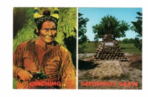 Chrome postcard. Geronimo, famed Apache Chief, leader in New Mexico and Arizona. Geronimo's grave, Ft Sill, Oklahoma..
