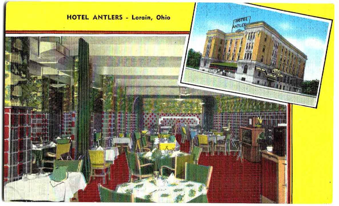 Linen postcard. Hotel Antlers, Lorain, Ohio. Dining room and exterior
