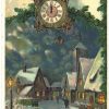 Old postcard.  A Happy New Year.  Clock, town, evening, snow.  1909.