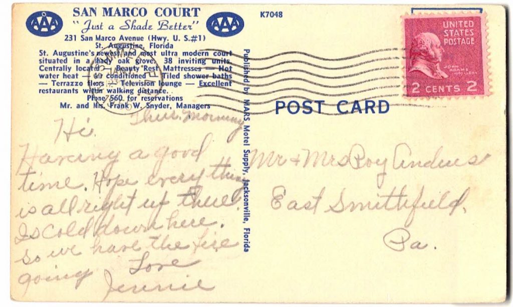Linen postcard San Marco Court St Augustine Florida 1955 Jackie