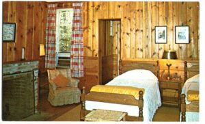 Chrome postcard.  The Hulls Pine Crest Inn, Tryon, North Carolina.  Bedroom in cottage.