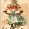 Old postcard.  A Joyful Easter.  Margaret A Smith.  Dutch girl, chicks, eggs. Embossed.