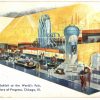 Postcard.  Gulf Oil Exhibit, A Century of Progress, Chicago World's Fair.  Largest auto cylinder, world's largest atmospheric vacuum, airplane motor.