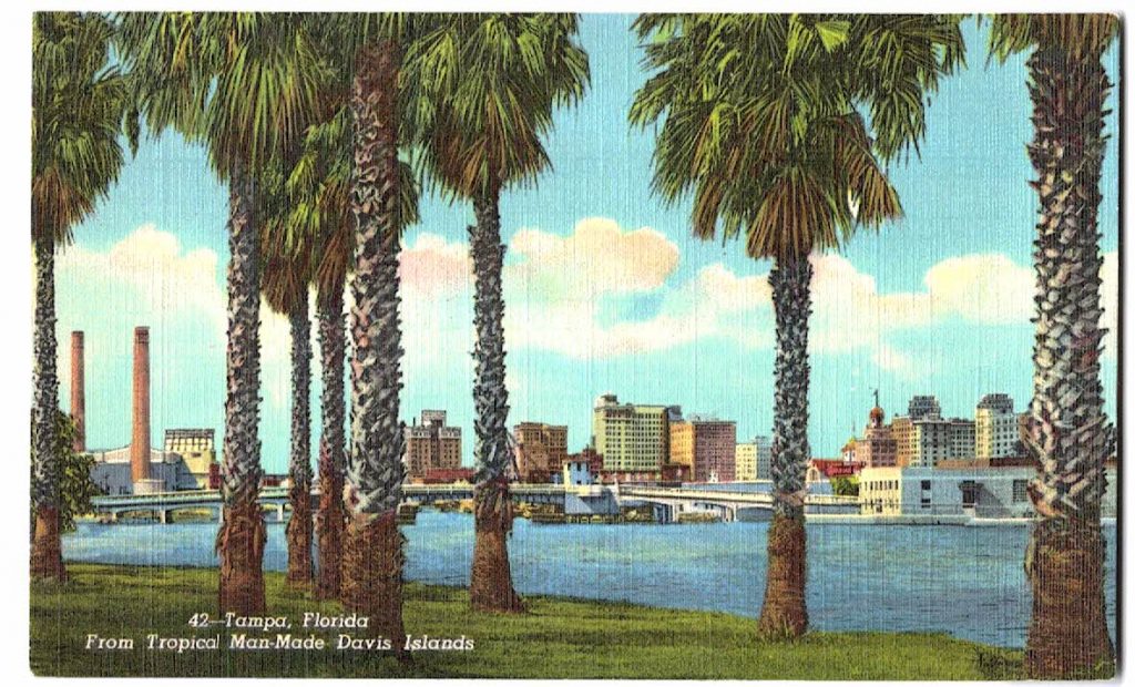 Linen postcard. From Tropical man-made Davis Islands, Tampa, Florida ...